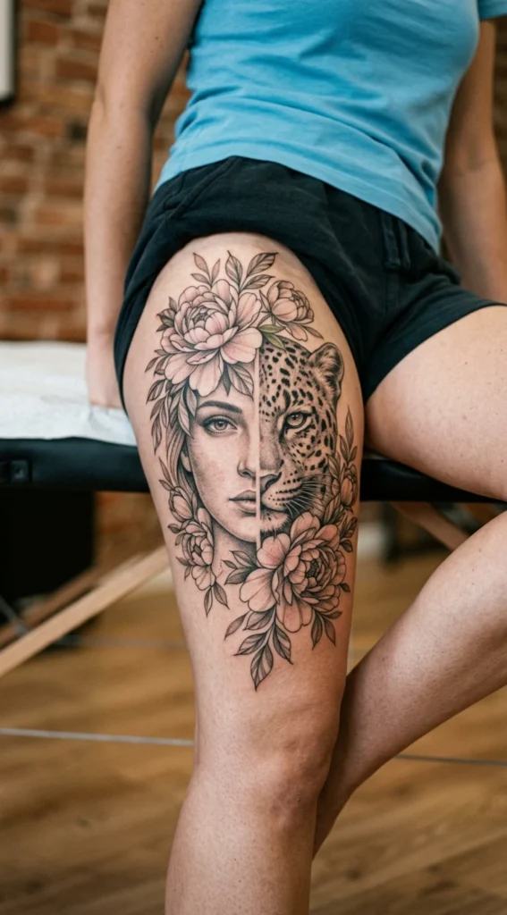 Leopard and Woman Split Face Peonies
