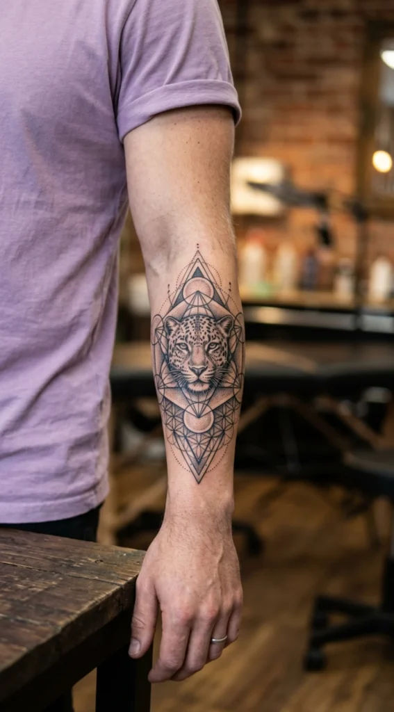 Leopard with Sacred Geometry Forearm Tattoo