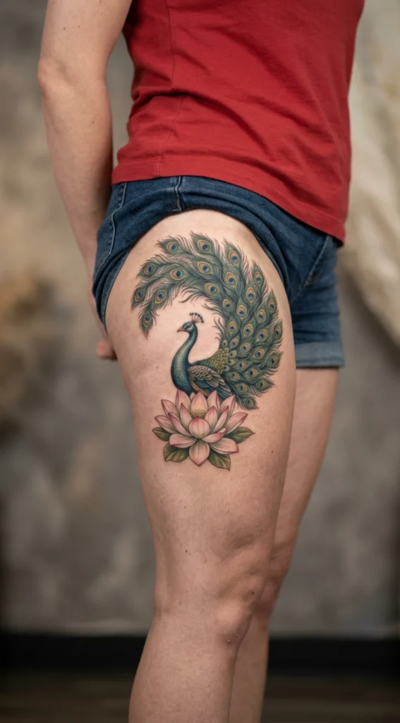 Lotus Peacock Thigh Tattoo