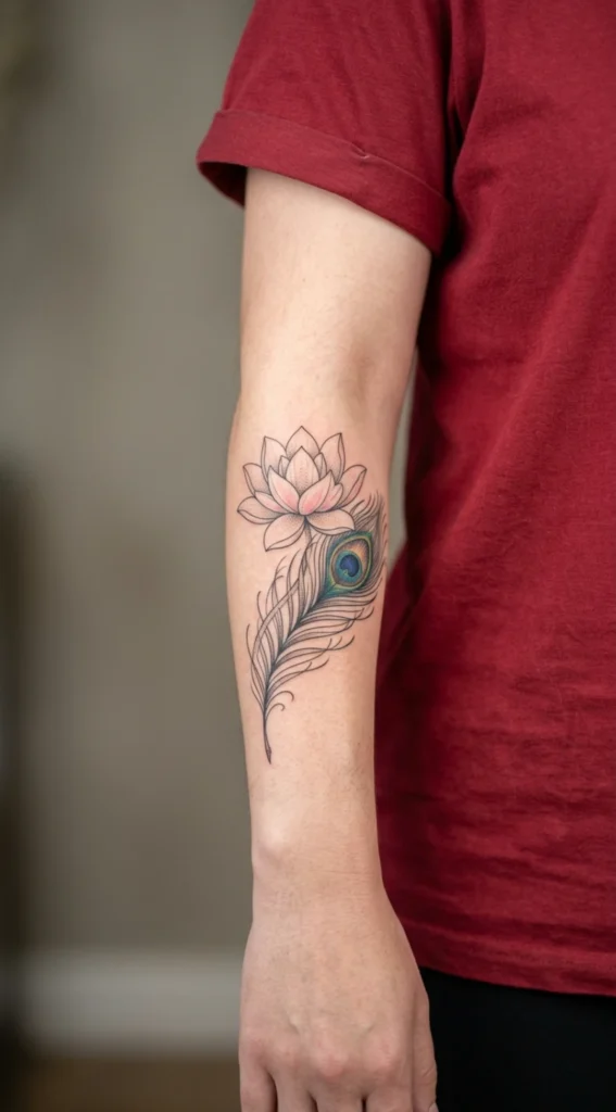 Lotus and Peacock Feather Tattoo Design