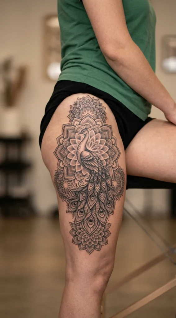 Mandala Peacock Thigh Tattoo