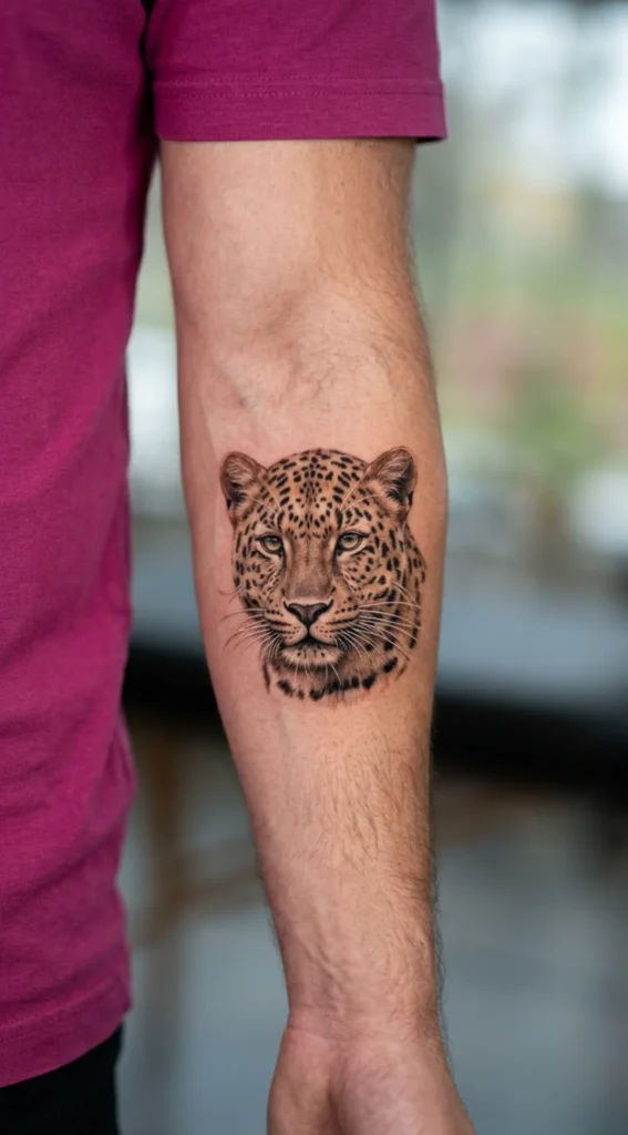 Micro Realism Leopard Portrait on Forearm