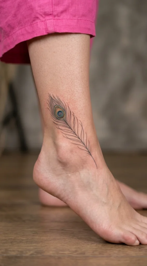 Minimal Ankle Peacock Feather Tattoo Idea