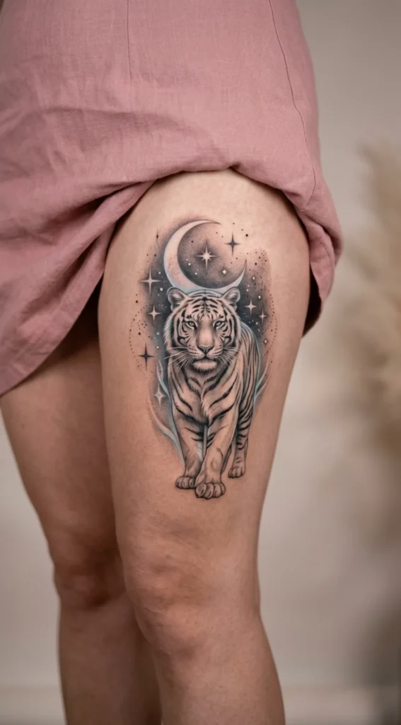 Moonlit White Tiger with Stars