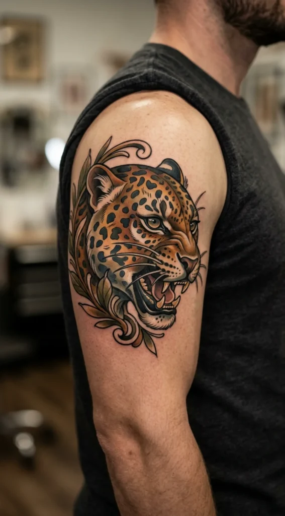 Neo Traditional Leopard Head Tattoo