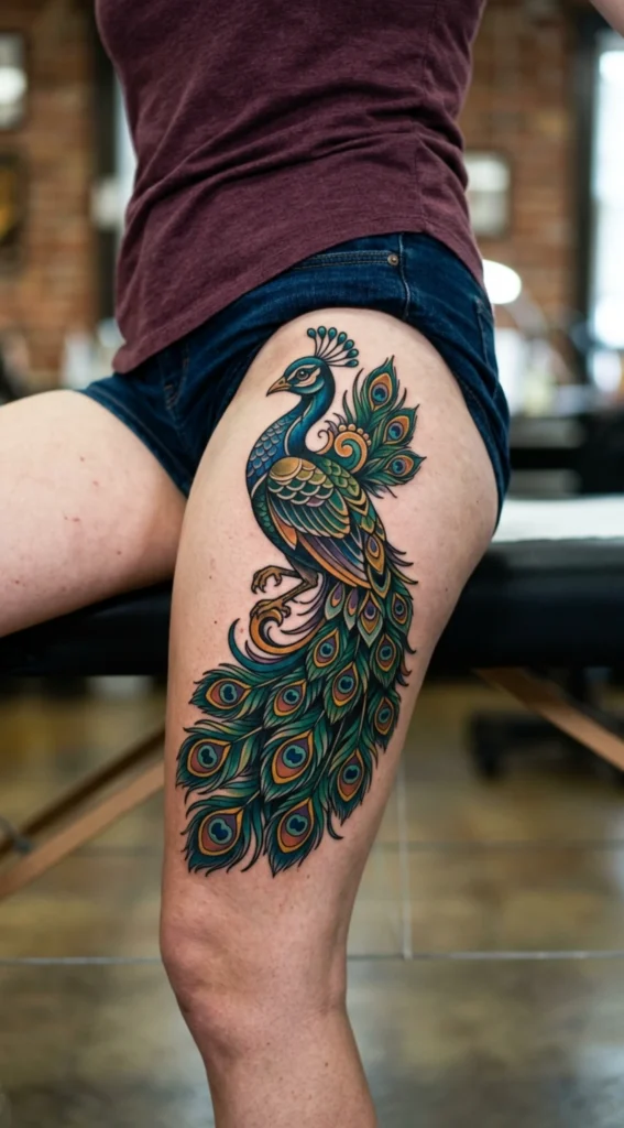 Neo Traditional Peacock Thigh Tattoo