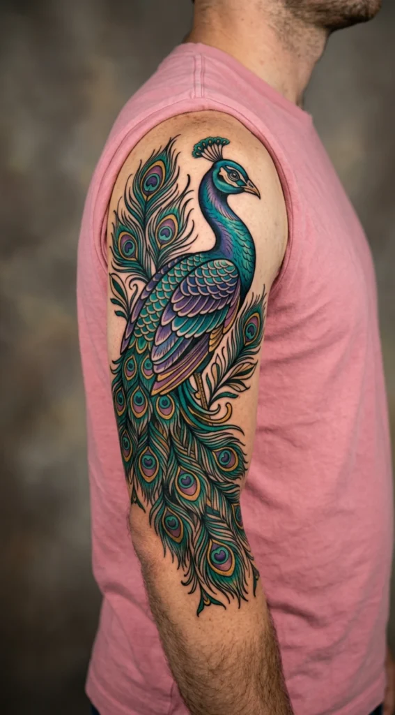 Neo-Traditional Peacock with Bold Linework