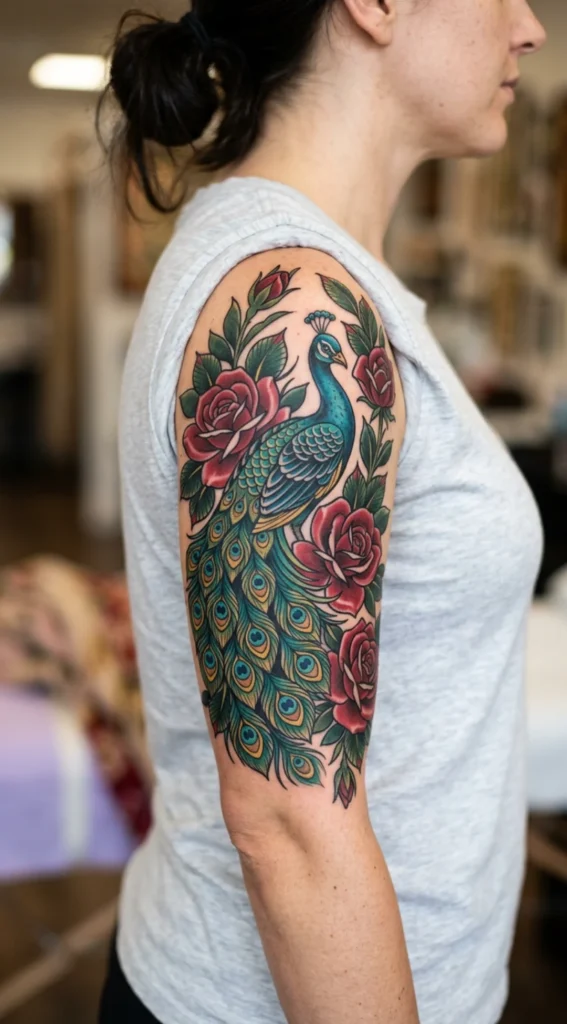 Neo Traditional Peacock with Roses