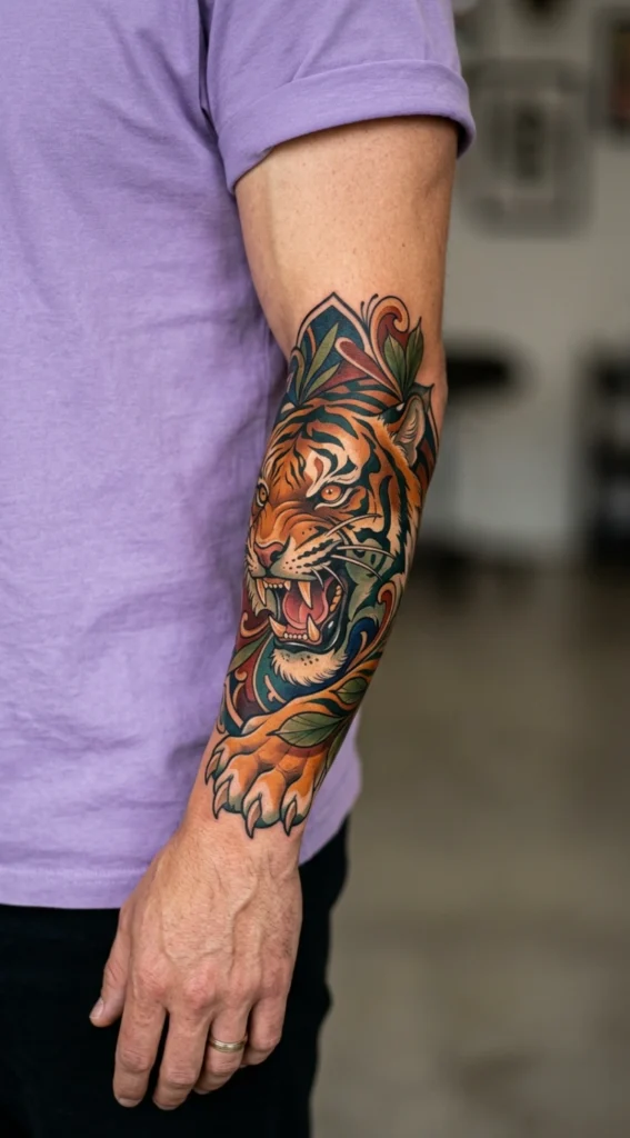 Neo Traditional Tiger Forearm Color Tattoo