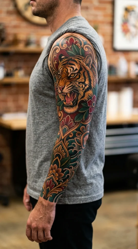 Neo Traditional Tiger Full Sleeve