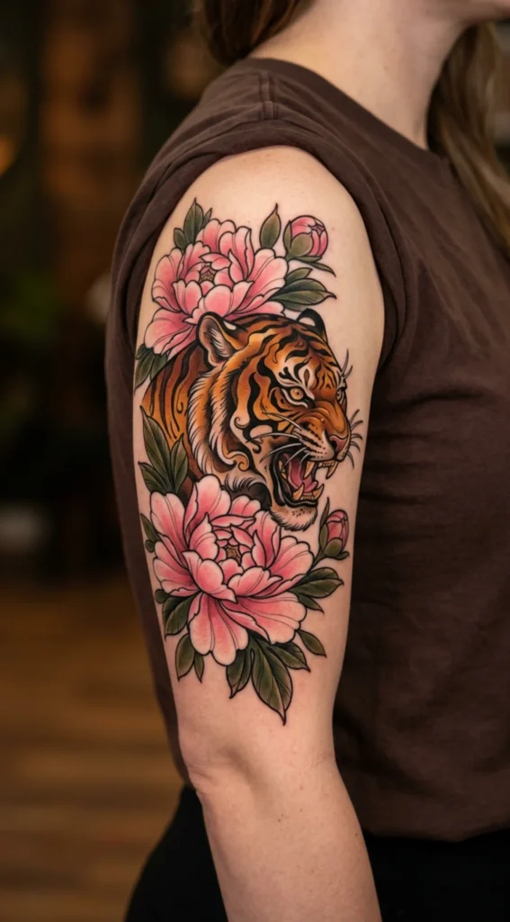 Neo Traditional Tiger and Pink Peonies