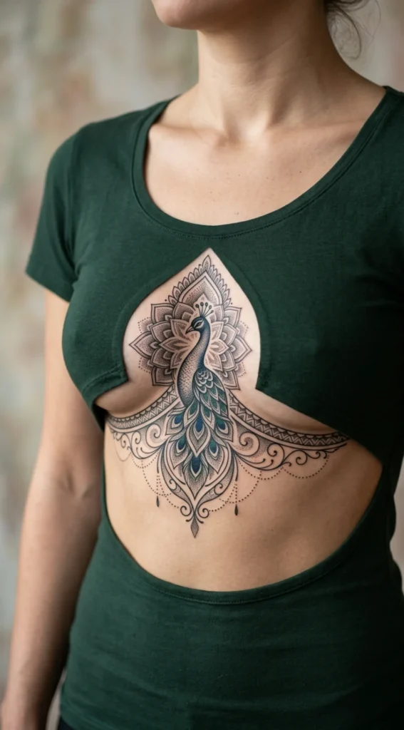 Ornamental Peacock Sternum Tattoo
