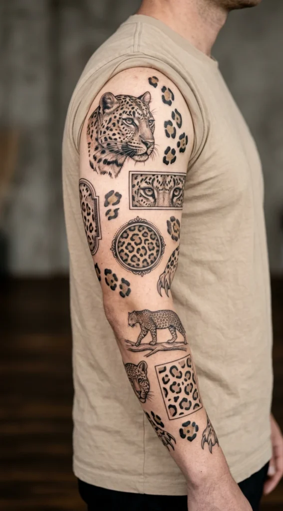 Patchwork Style Leopard Arm Tattoo