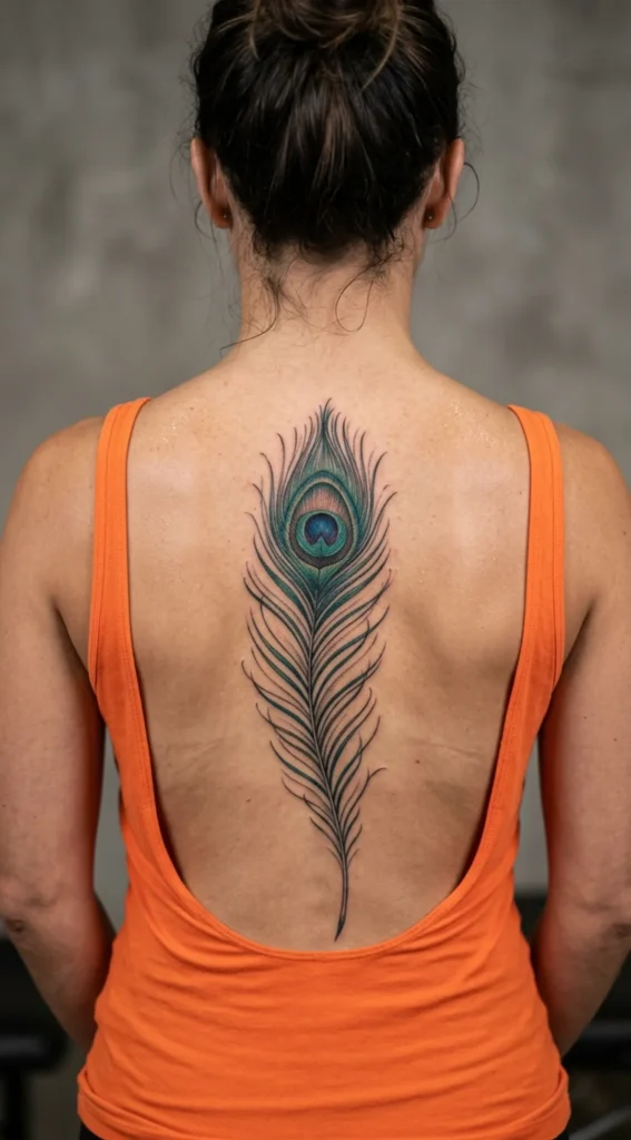 Peacock Feather Spine Tattoo