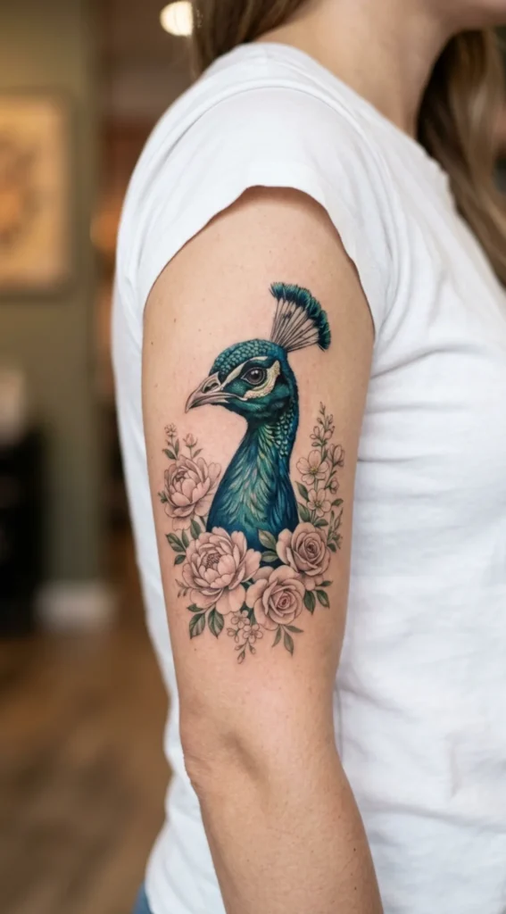 Peacock Head Portrait with Floral Accents