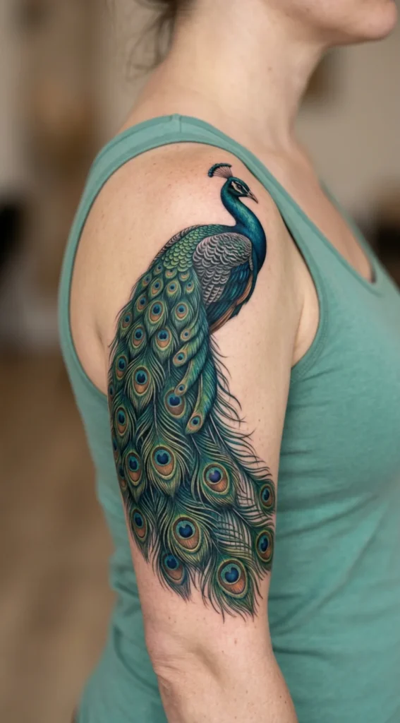Peacock Shoulder Tattoo with Flowing Feathers