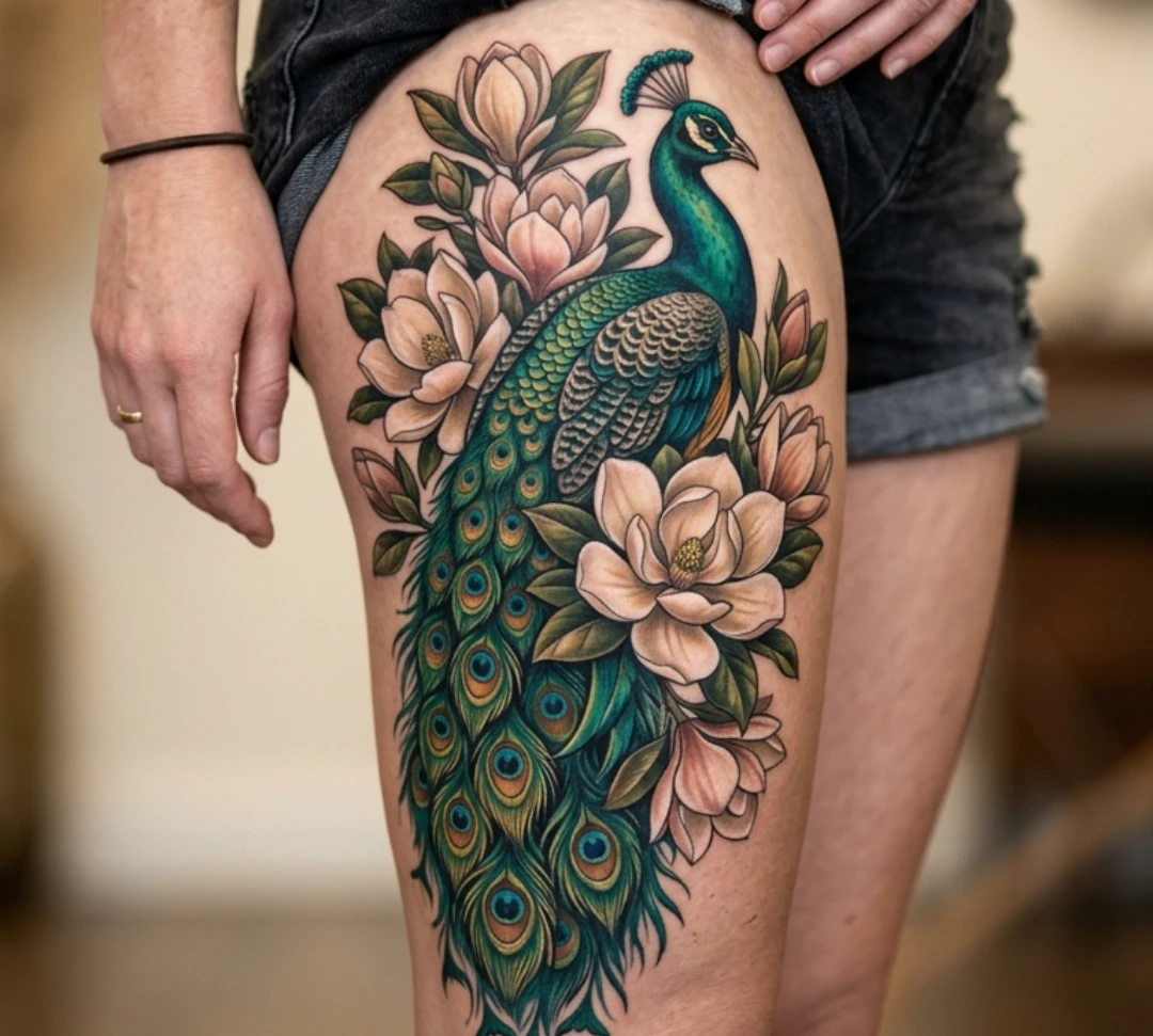 Peacock Thigh Tattoo Ideas