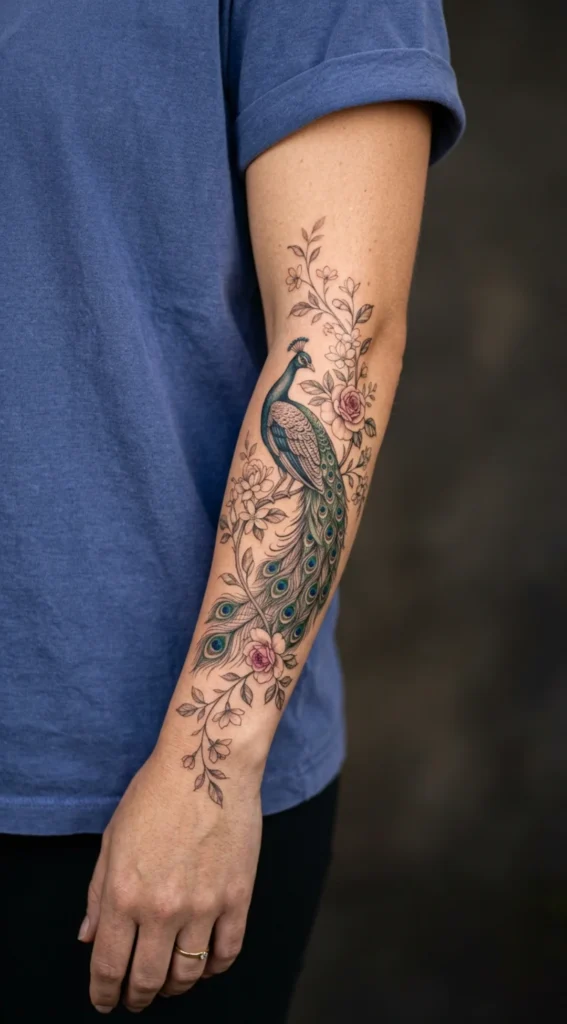 Peacock Wrapped Around a Floral Vine