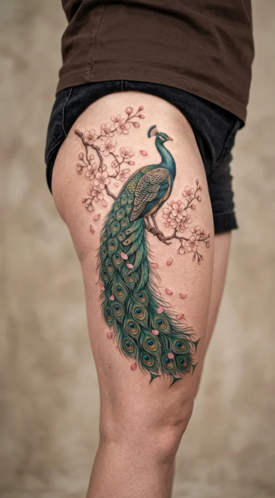 Peacock and Cherry Blossom Branch