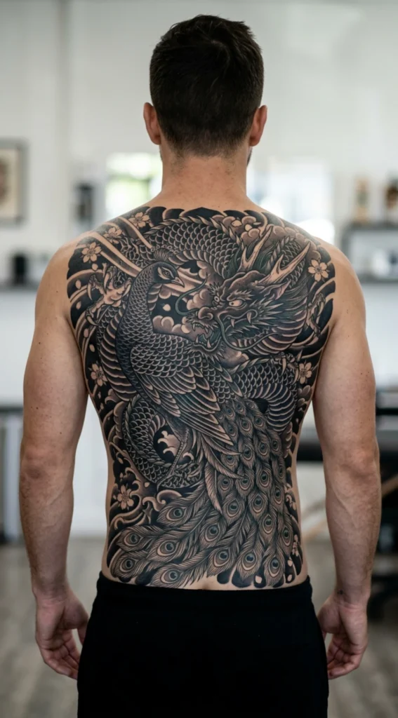 Peacock and Dragon Fusion Tattoo