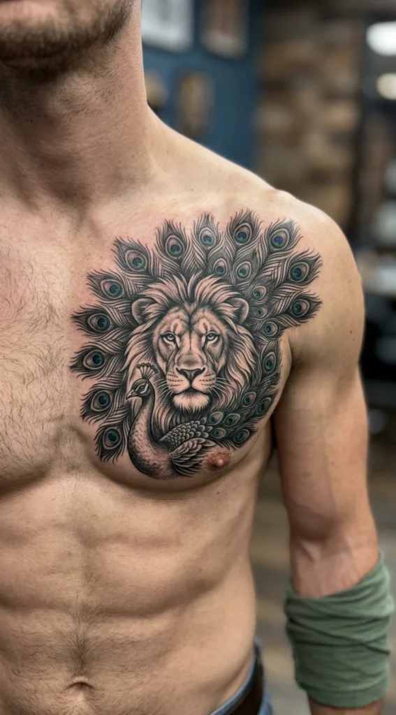 Peacock and Lion Combination Tattoo