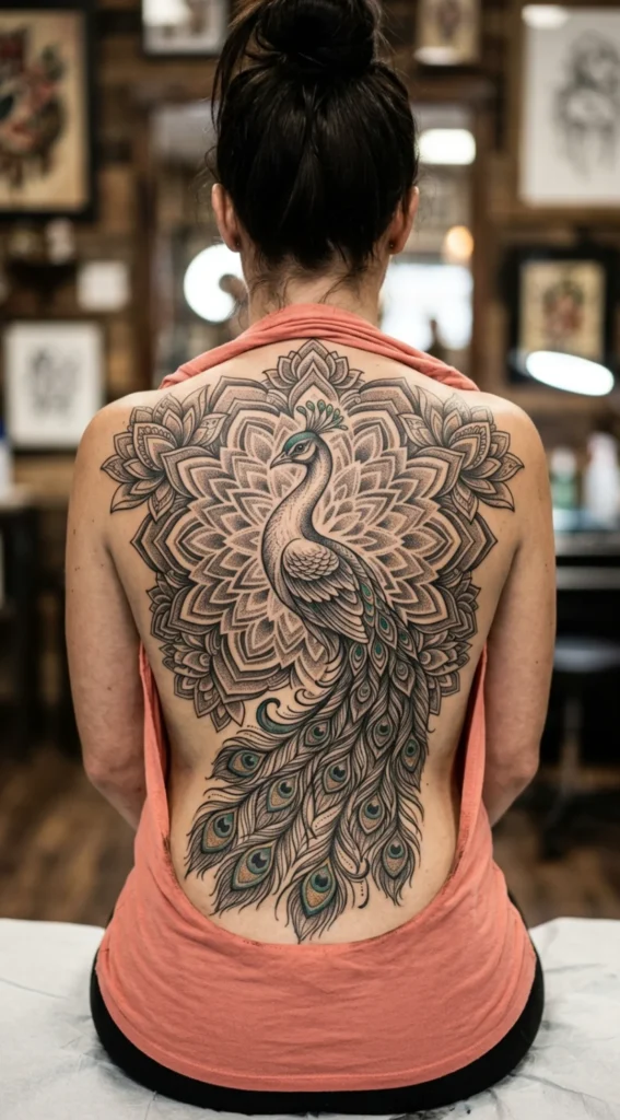 Peacock and Lotus Mandala Back Piece