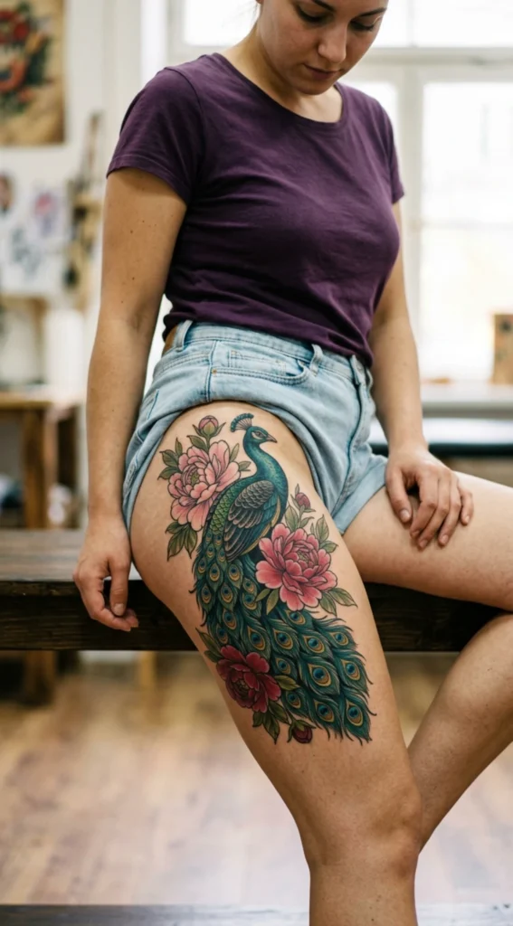 Peacock and Peonies Thigh Tattoo