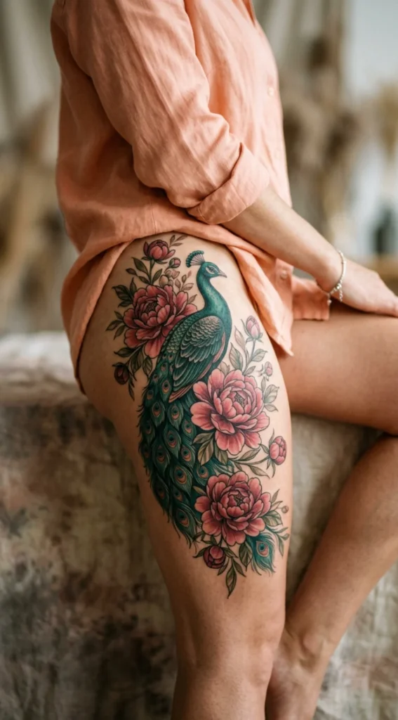  Peacock and Peony Flower Composition