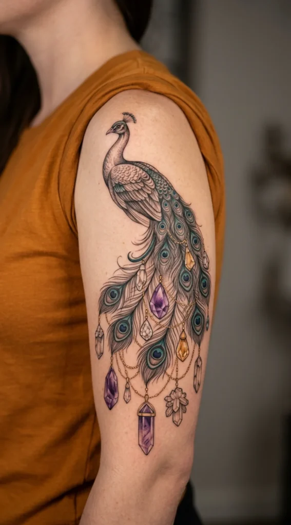 Peacock with Hanging Crystal Charms