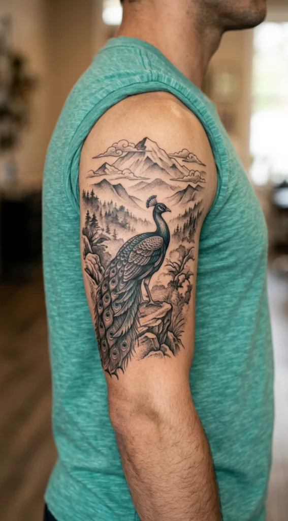 Peacock with Mountain and Forest Scene