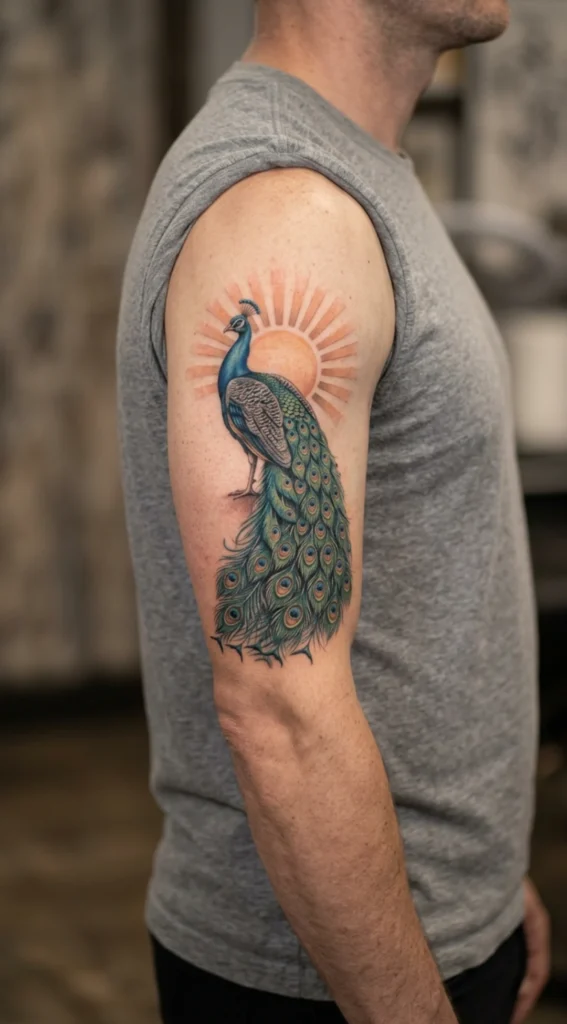 Peacock with Rising Sun Background