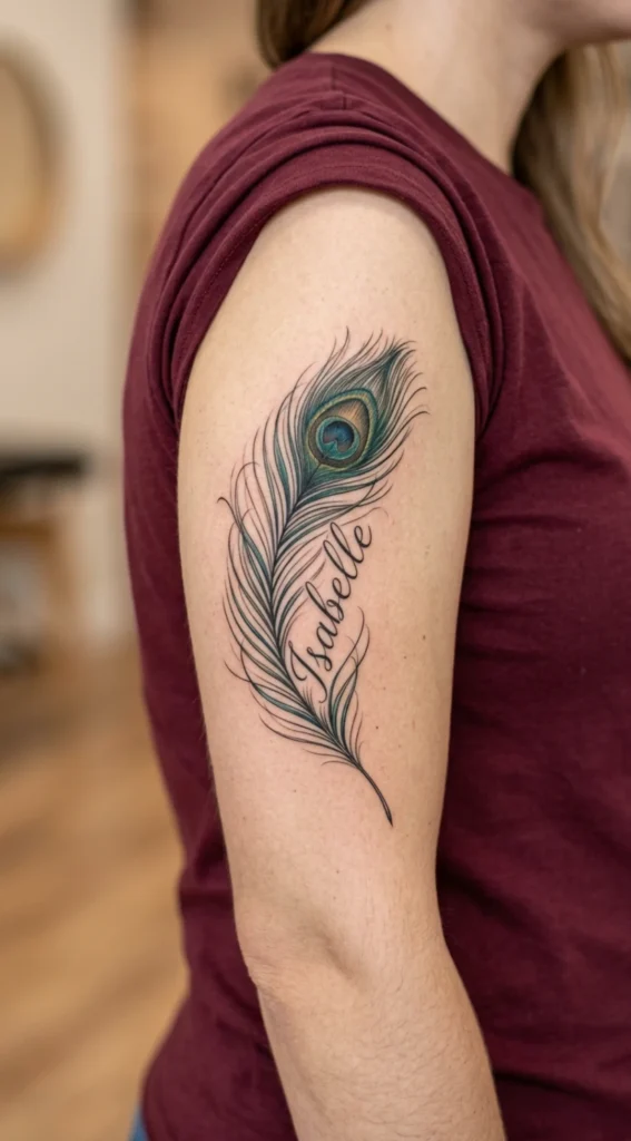 Personalized Peacock Feather Name Tattoo