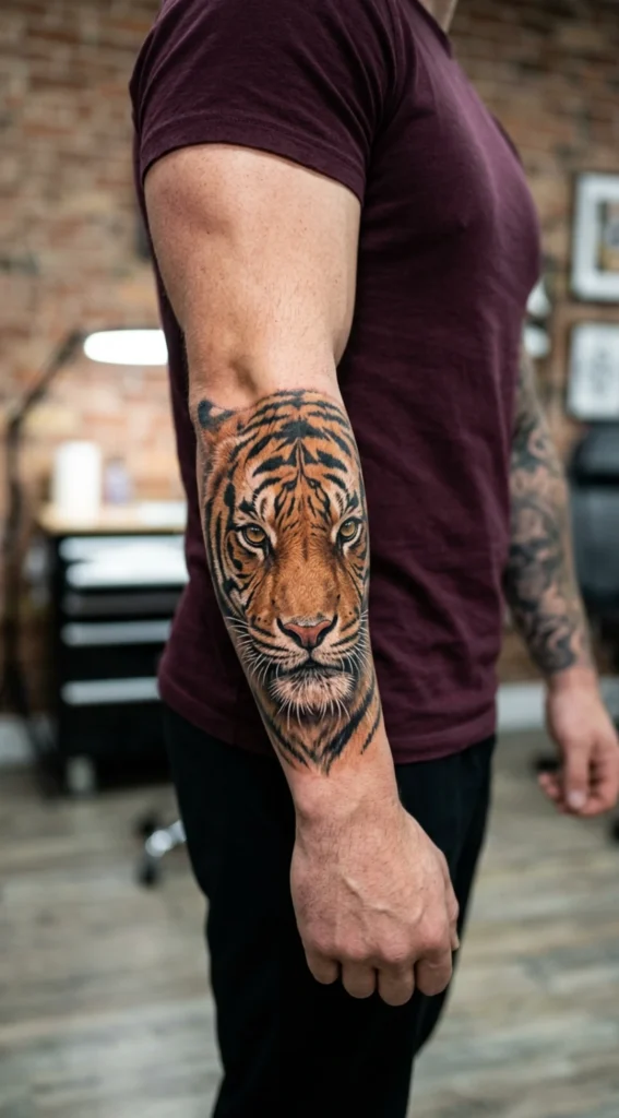 Realistic Bengal Tiger Forearm Tattoo