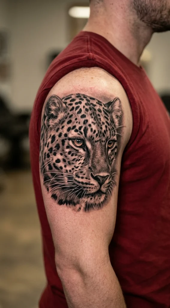Realistic Leopard Head Upper Arm Tattoo