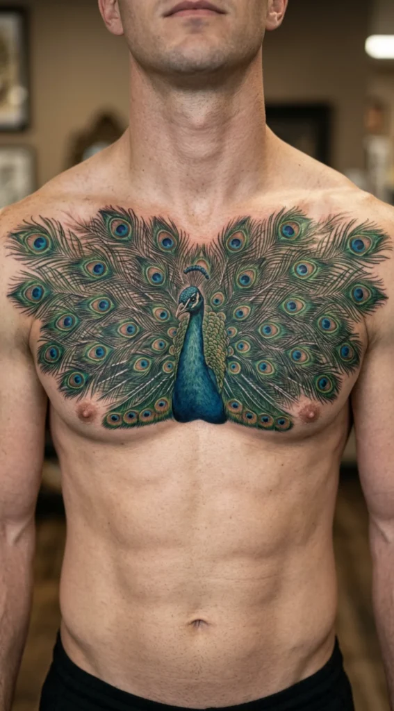 Realistic Peacock Chest Tattoo with Spread Wings