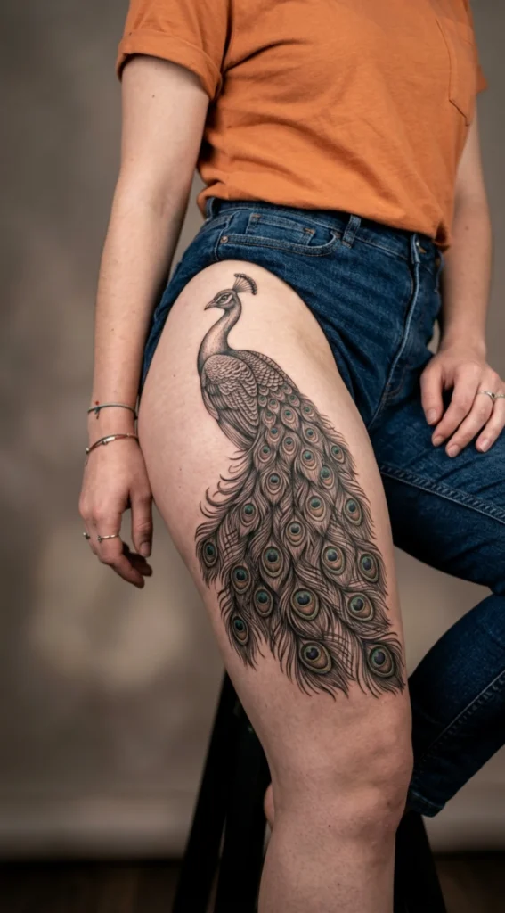 Realistic Peacock Thigh Tattoo