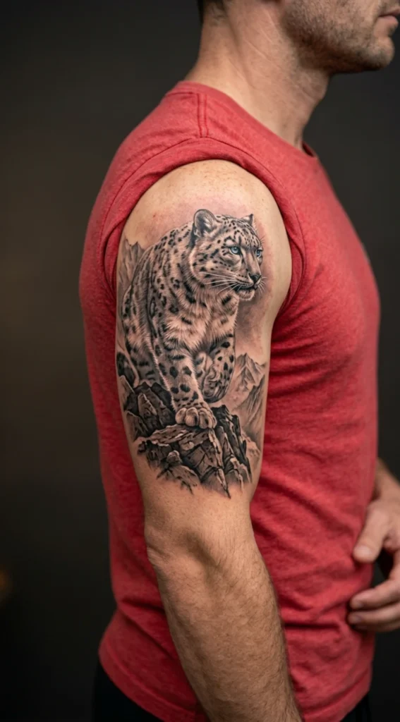 Realistic Snow Leopard on a Rocky Peak