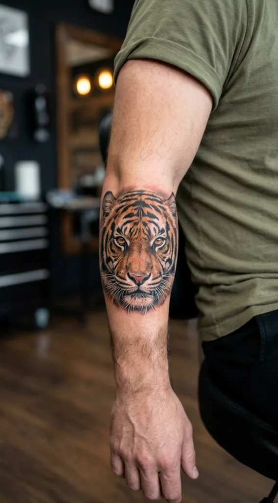 Realistic Tiger Head Forearm Tattoo