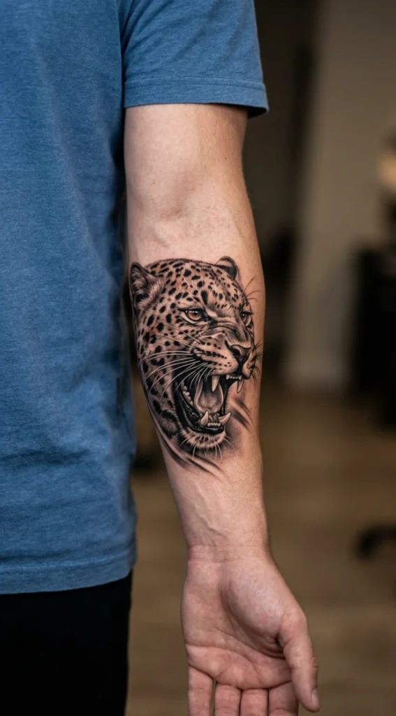 Roaring Leopard Forearm Tattoo