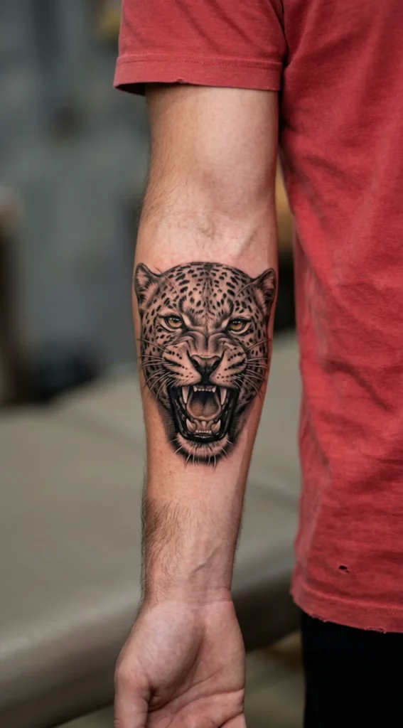 Roaring Leopard Head Forearm Tattoo