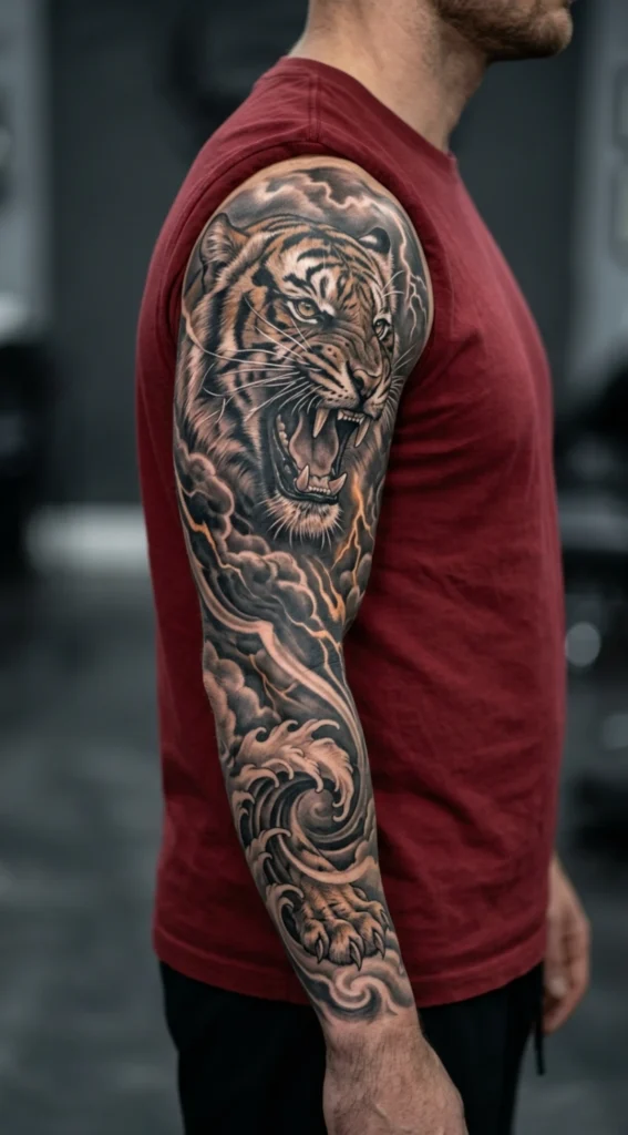 Roaring Tiger Full Sleeve with Storm Clouds