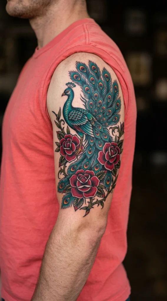 Rose Peacock Traditional Tattoo
