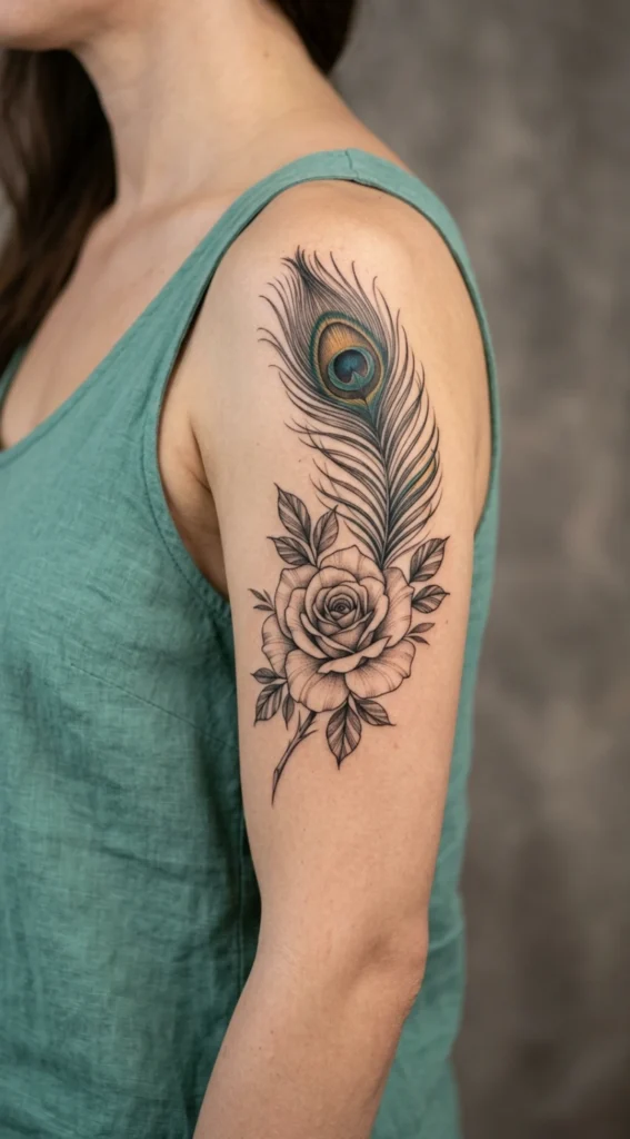 Rose and Peacock Feather Tattoo Composition