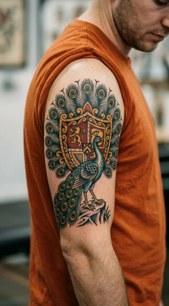 Shield Peacock Traditional Tattoo