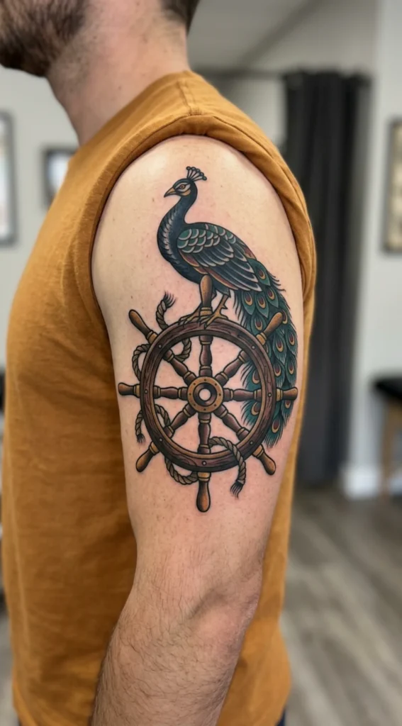 Ship Wheel Peacock Traditional Tattoo