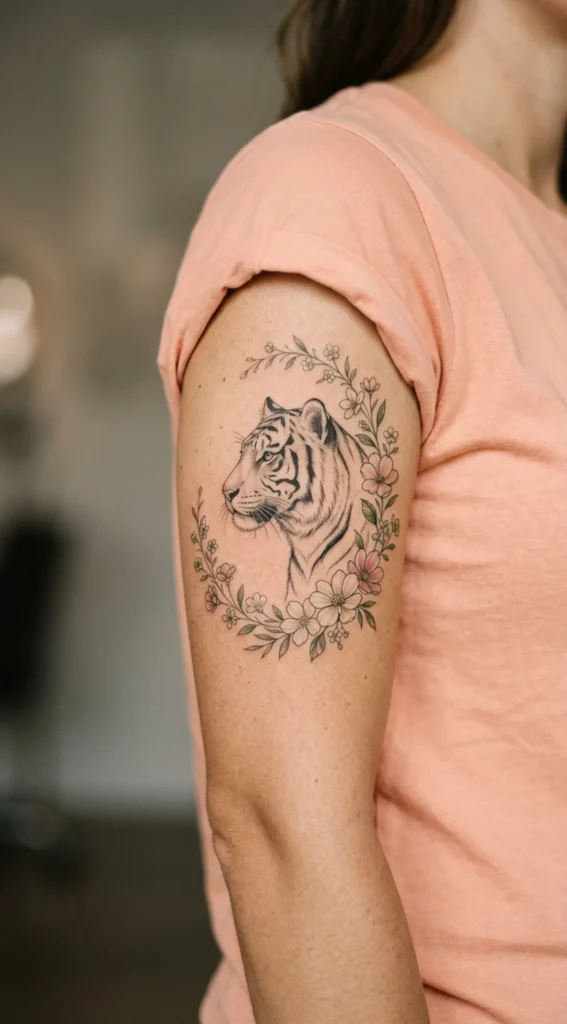 Side Profile Tiger with Delicate Floral Frame