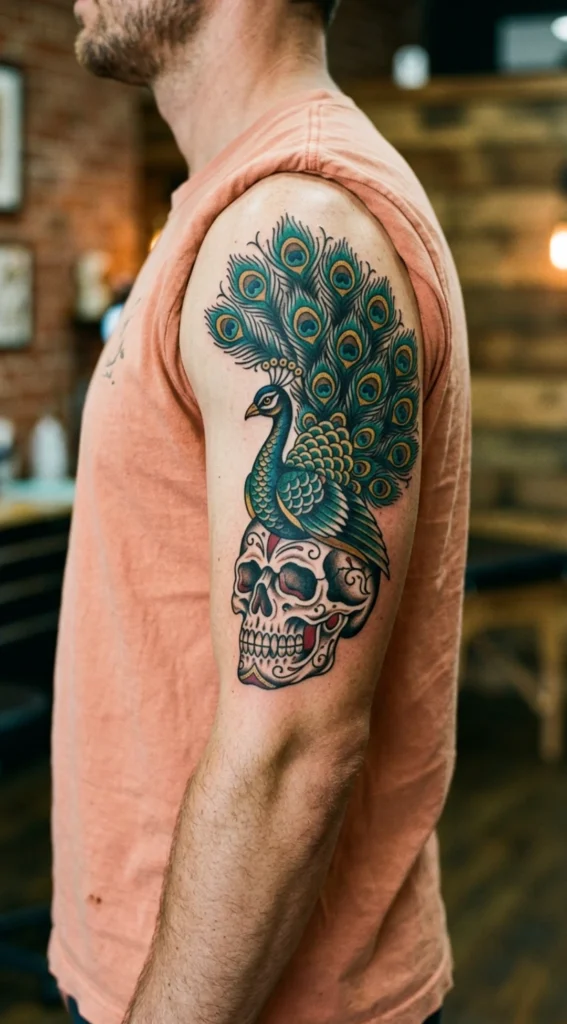 Skull Peacock Traditional Tattoo