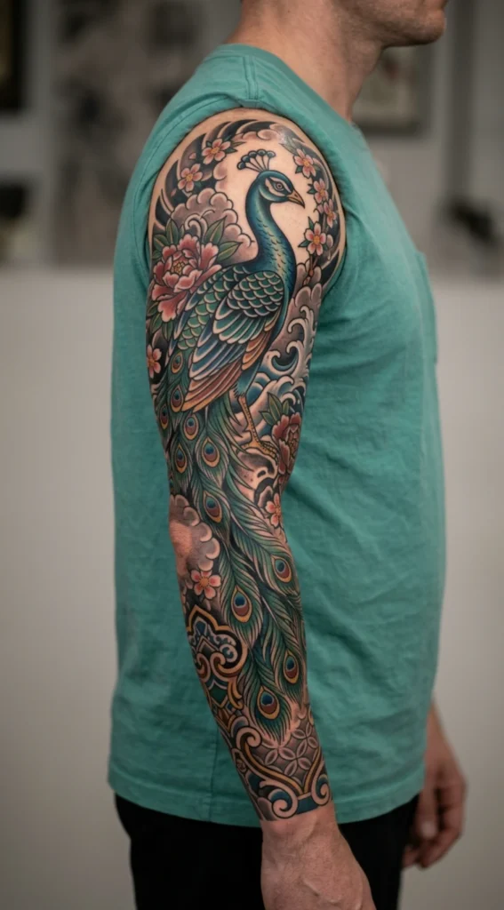 Sleeve Peacock Traditional Tattoo