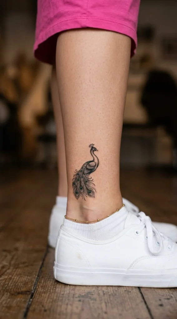 Small Peacock Ankle Tattoo