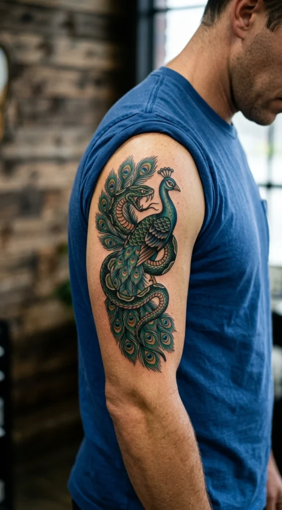 Snake Peacock Traditional Tattoo